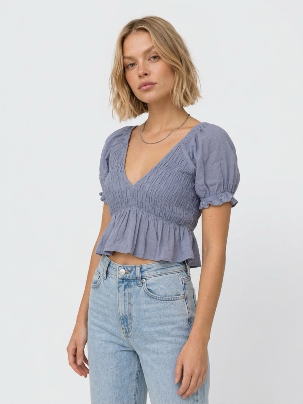 Her Entire Name Says Grace Smocked V-Neck Puff Sleeve Crop Top Swiss Dot Cottage